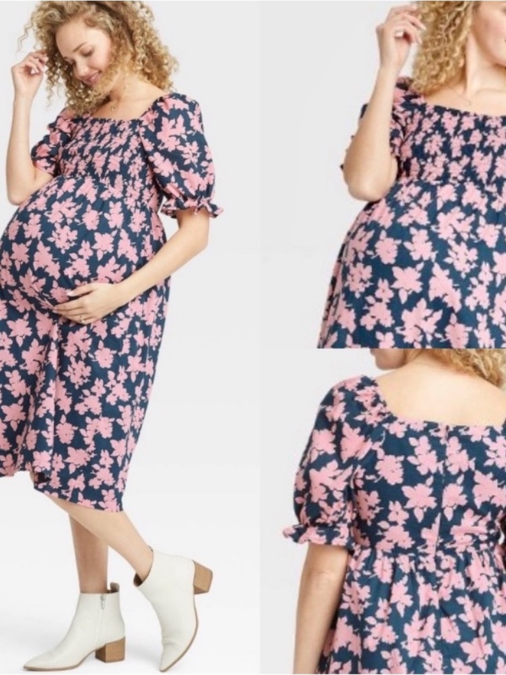 The Nines by Hatch Blue and Pink Floral Maternity Dress Midi Puff Sleeve Small